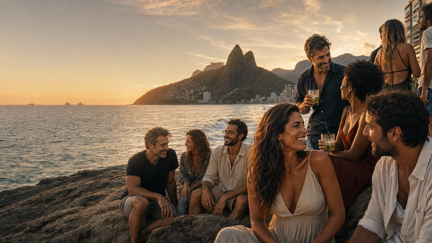 Grupo de jovens e adultos cariocas celebrando ao pôr do sol no Arpoador